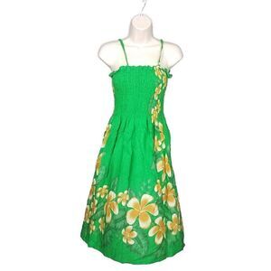 One Size (S) Summer Sundress Hawaiian Hibiscus Sleeveless Smocked Dress Beach OS
